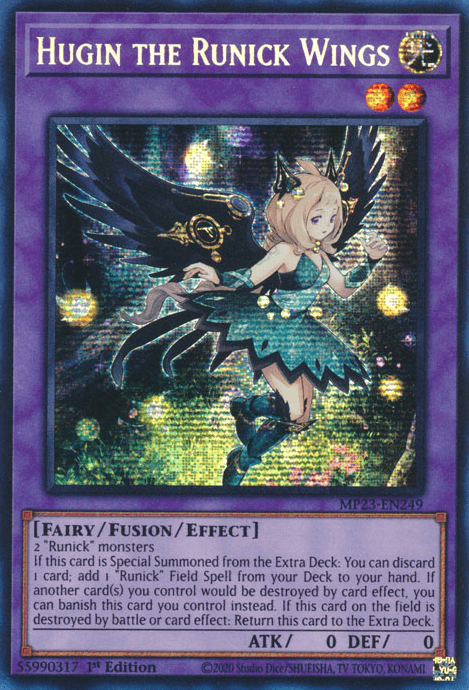 1st Edition, Dueling Heroes Collectors Tin - Mega Pack (25th Anniversary Edition), Fairy, Fusion/Effect Monster, Light, Prismatic Secret Rare Hugin the Runick Wings [MP23-EN249] Prismatic Secret Rare - Trading Card World