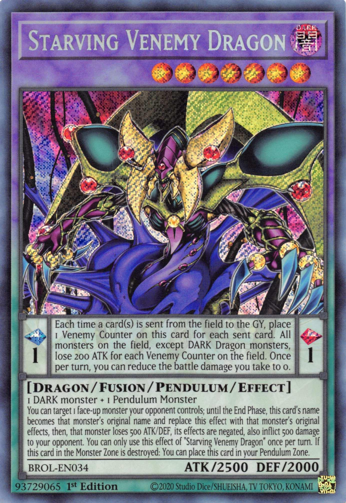 1st Edition, Brothers of Legend, Dark, Dragon, Fusion/Pendulum/Effect Monster, Secret Rare Starving Venemy Dragon [BROL-EN034] Secret Rare - Trading Card World