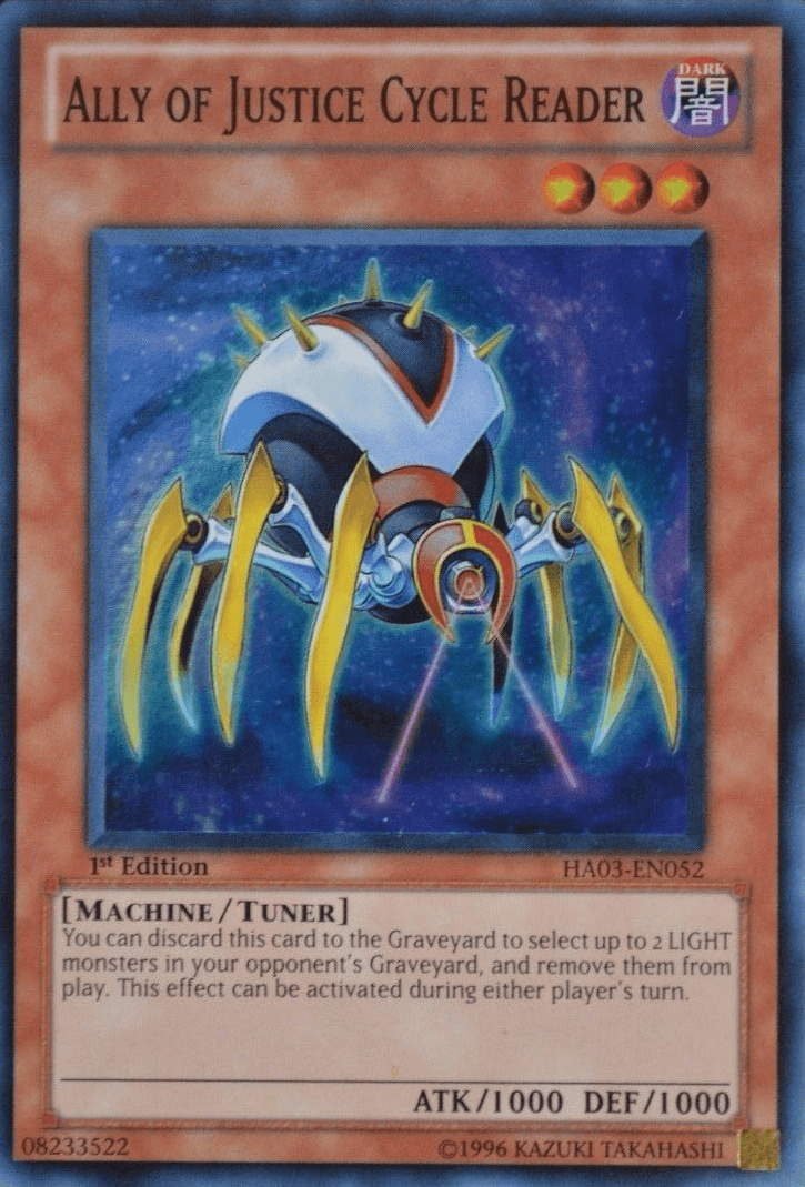 1st Edition, Dark, Hidden Arsenal 3, Machine, Super Rare, Tuner Monster, Unlimited Ally of Justice Cycle Reader [HA03-EN052] Super Rare - Trading Card World