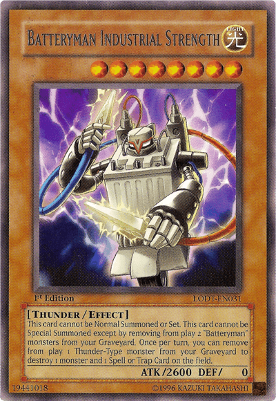 1st Edition, Effect Monster, Light, Light of Destruction, Rare, Thunder, Unlimited Batteryman Industrial Strength [LODT-EN031] Rare - Trading Card World