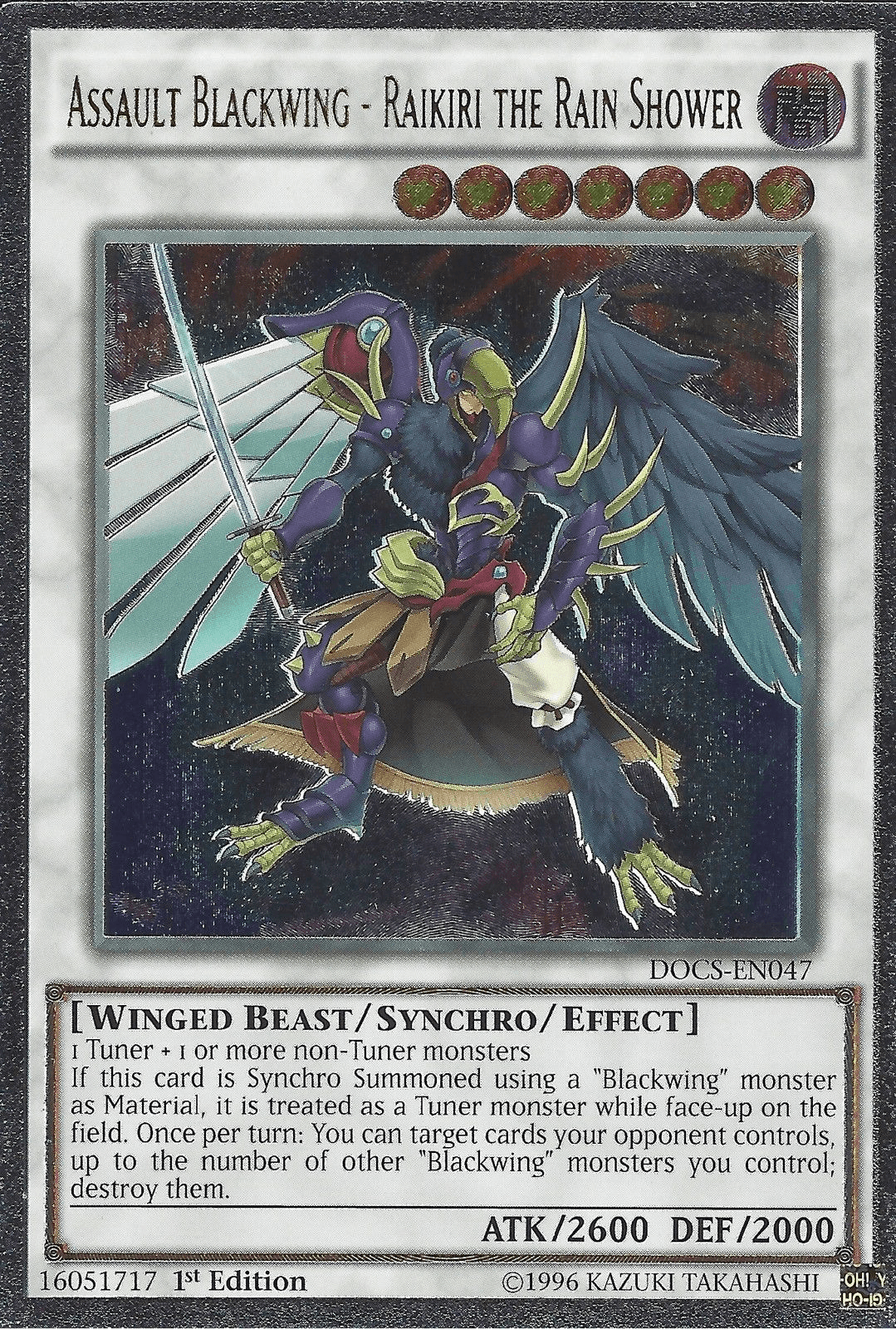 1st Edition, Dark, Dimension of Chaos, Synchro/Effect Monster, Ultimate Rare, Unlimited, Winged Beast Assault Blackwing - Raikiri the Rain Shower (UTR) [DOCS-EN047] Ultimate Rare - Trading Card World