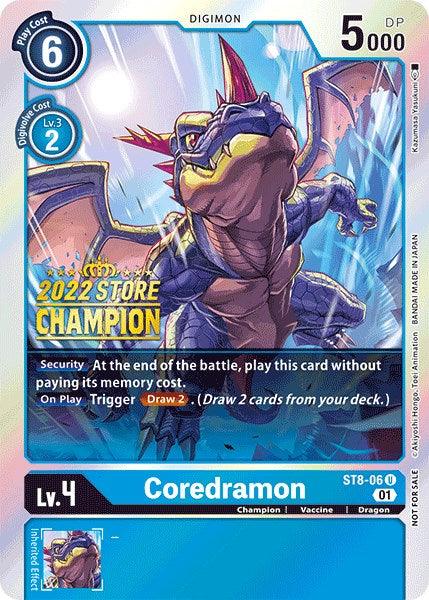 Blue, Champion, Digimon, Dragon, ST8-06, Starter Deck: Ulforce Veedramon Promos, Uncommon, Vaccine Coredramon [ST8-06] (2022 Store Champion) [Starter Deck: Ulforce Veedramon Promos] - Trading Card World