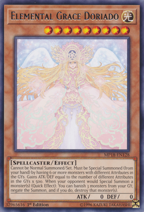 1st Edition, 2018 Mega-Tins Mega Pack, Effect Monster, Light, Rare, Spellcaster Elemental Grace Doriado [MP18-EN128] Rare - Trading Card World
