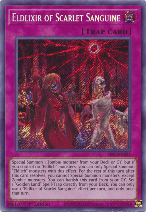 1st Edition, Normal Trap, Secret Rare, Secret Slayers, Trap Eldlixir of Scarlet Sanguine [SESL-EN031] Secret Rare - Trading Card World