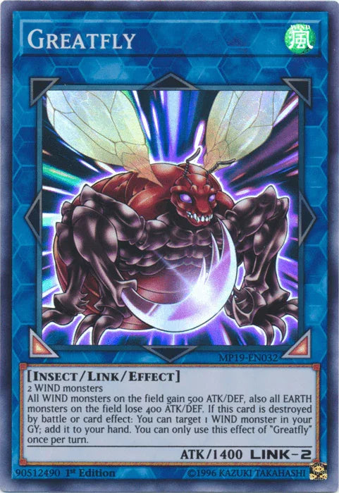 1st Edition, 2019 Gold Sarcophagus Tin Mega Pack, Insect, Link/Effect Monster, Super Rare, Unlimited, Wind Greatfly [MP19-EN032] Super Rare - Trading Card World