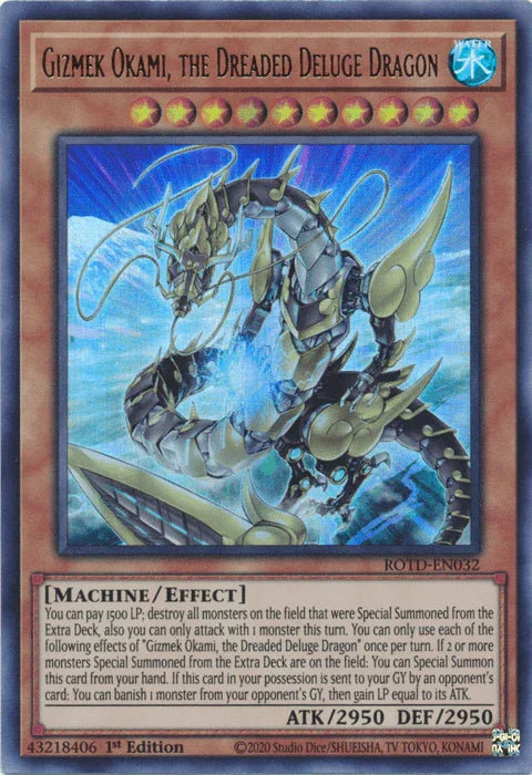 1st Edition, Effect Monster, Machine, Rise of the Duelist, Ultra Rare, Water Gizmek Okami, the Dreaded Deluge Dragon [ROTD-EN032] Ultra Rare - Trading Card World