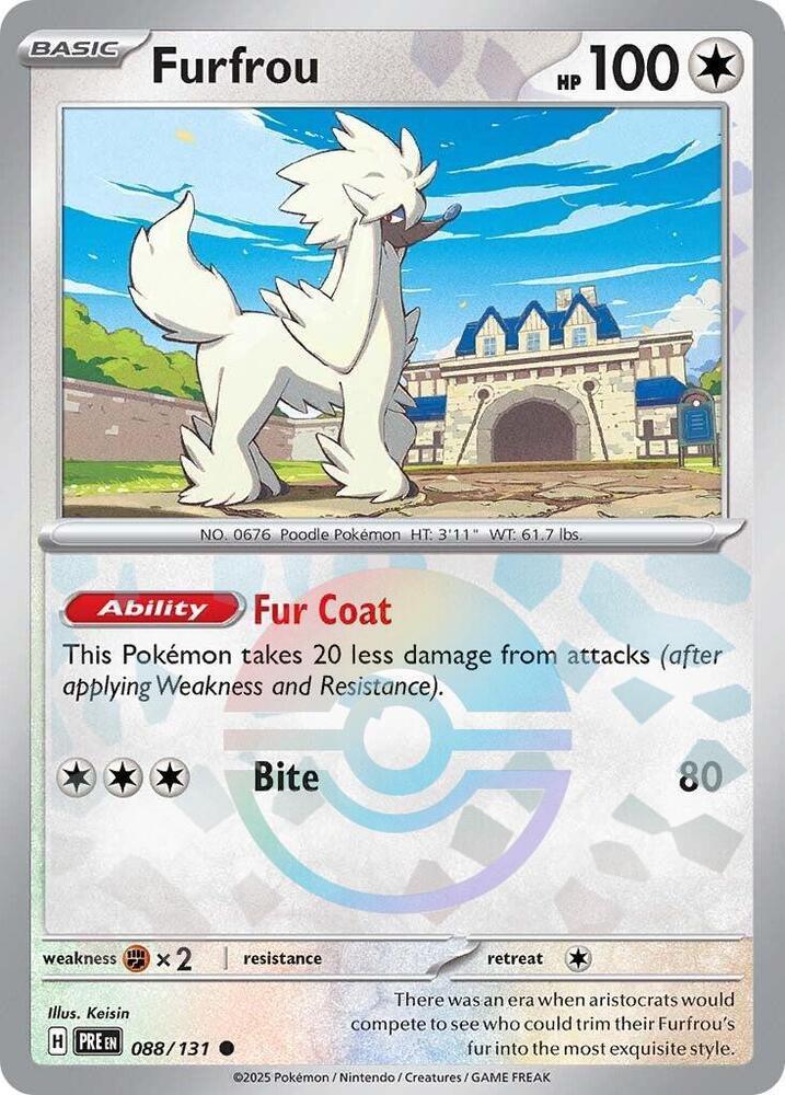 088, Colorless, Common, Fighting [x2], Holofoil, Scarlet & Violet: Prismatic Evolutions Furfrou (088/131) (Poke Ball Pattern) [Scarlet & Violet: Prismatic Evolutions] - Trading Card World
