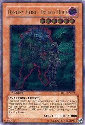 1st Edition, Dark, Effect Monster, Power of the Duelist, Ultimate Rare, Unlimited, Warrior Destiny Hero - Double Dude [POTD-EN012] Ultimate Rare - Trading Card World