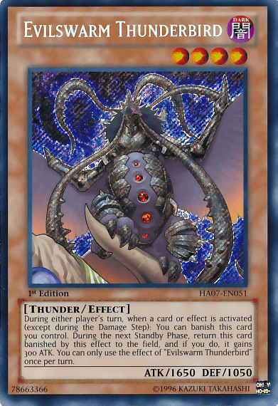 1st Edition, Dark, Effect Monster, Hidden Arsenal 7: Knight of Stars, Secret Rare, Thunder, Unlimited Evilswarm Thunderbird [HA07-EN051] Secret Rare - Trading Card World