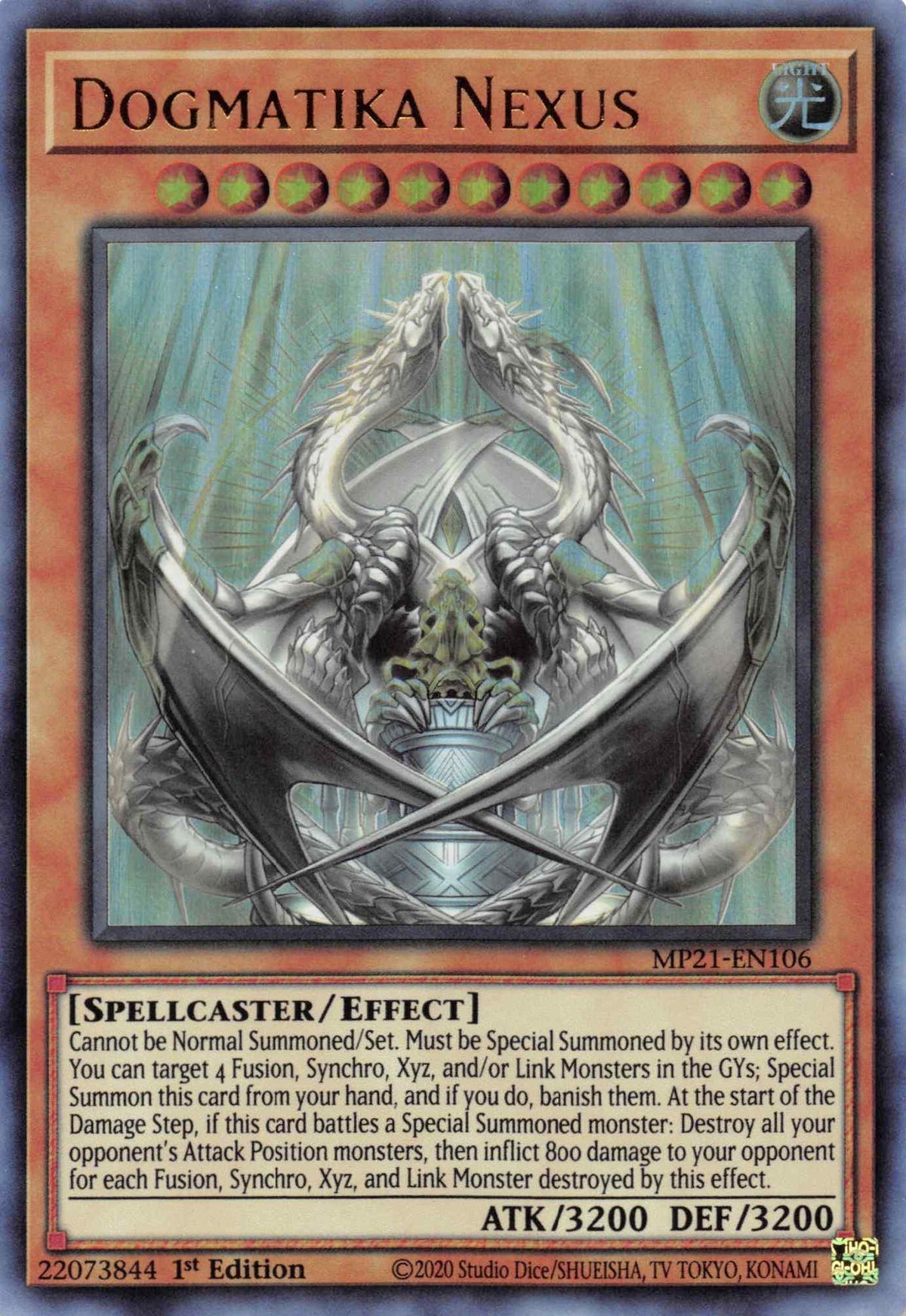 1st Edition, 2021 Tin of Ancient Battles, Effect Monster, Light, Spellcaster, Ultra Rare Dogmatika Nexus [MP21-EN106] Ultra Rare - Trading Card World