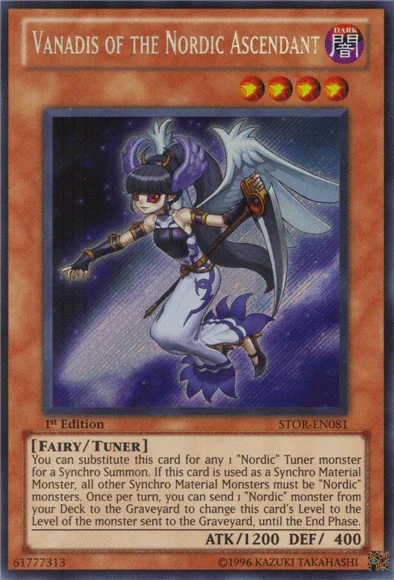 1st Edition, Dark, Fairy, Secret Rare, Storm of Ragnarok, Tuner Monster, Unlimited Vanadis of the Nordic Ascendant [STOR-EN081] Secret Rare - Trading Card World