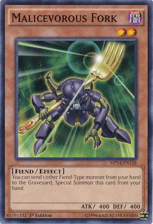 1st Edition, 2014 Mega-Tins Mega Pack, Common, Dark, Effect Monster, Fiend Malicevorous Fork [MP14-EN128] Common - Trading Card World