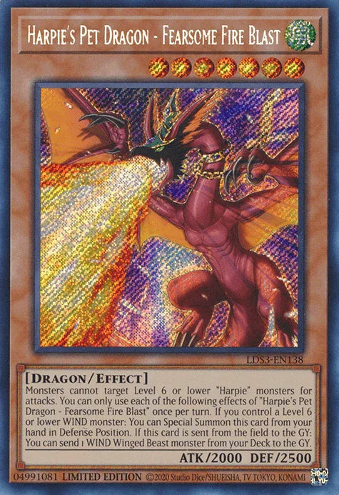 Dragon, Effect Monster, Legendary Duelists: Season 3, Limited, Secret Rare, Wind Harpie's Pet Dragon - Fearsome Fire Blast [LDS3-EN138] Secret Rare - Trading Card World