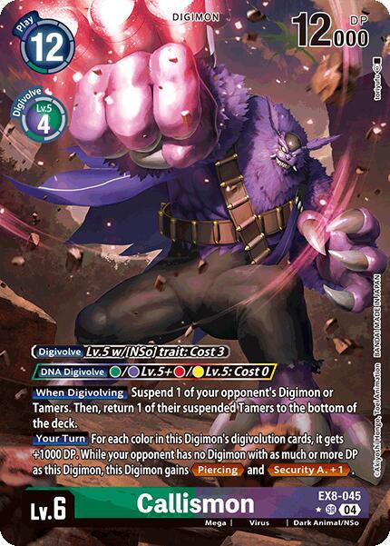 Chain of Liberation, Dark Animal/NSo, Digimon, EX8-045, Green;Purple, Mega, Super Rare, Virus Callismon [EX8-045] (Alternate Art) [Chain of Liberation] - Trading Card World