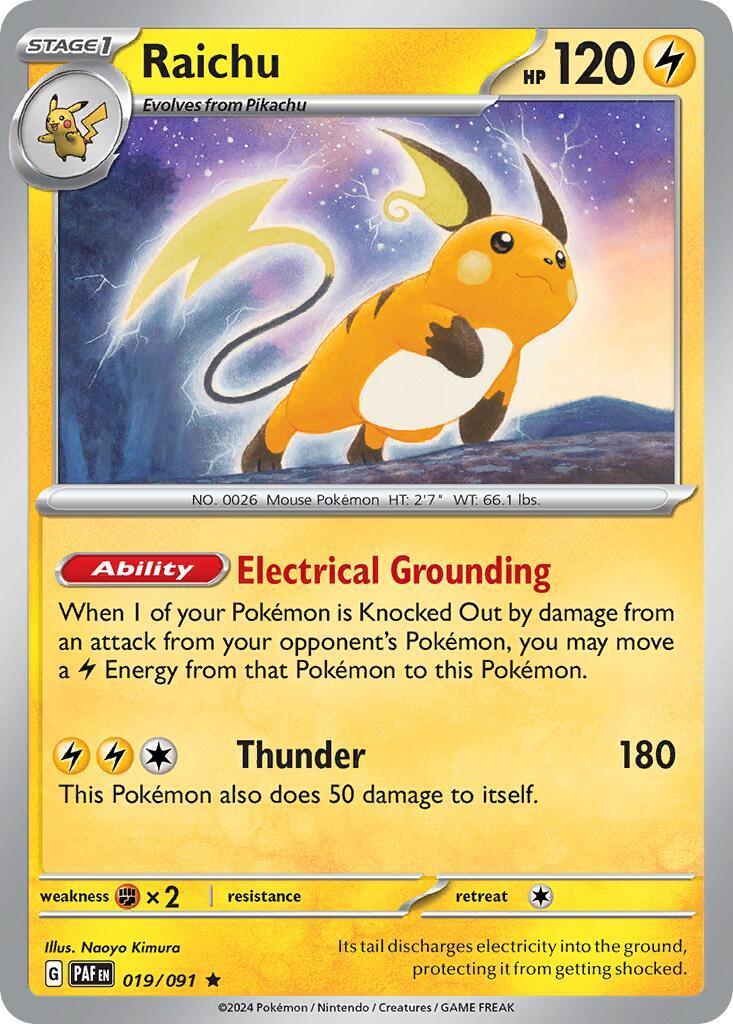 019, Fighting [x2], Lightning, Normal, Rare, Scarlet & Violet: Paldean Fates Raichu (019/091) (Theme Deck Exclusive) [Scarlet & Violet: Paldean Fates] - Trading Card World