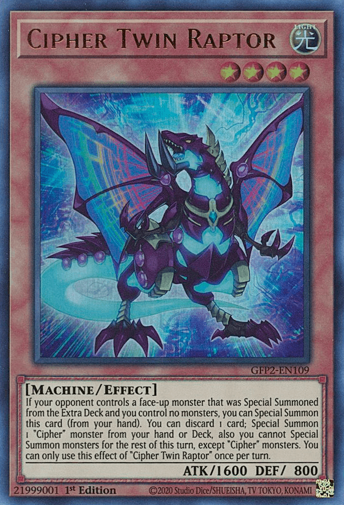 1st Edition, Effect Monster, Ghosts From the Past: The 2nd Haunting, Light, Machine, Ultra Rare Cipher Twin Raptor [GFP2-EN109] Ultra Rare - Trading Card World