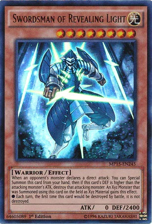 1st Edition, 2015 Mega-Tins Mega Pack, Effect Monster, Light, Ultra Rare, Warrior Swordsman of Revealing Light [MP15-EN245] Ultra Rare - Trading Card World
