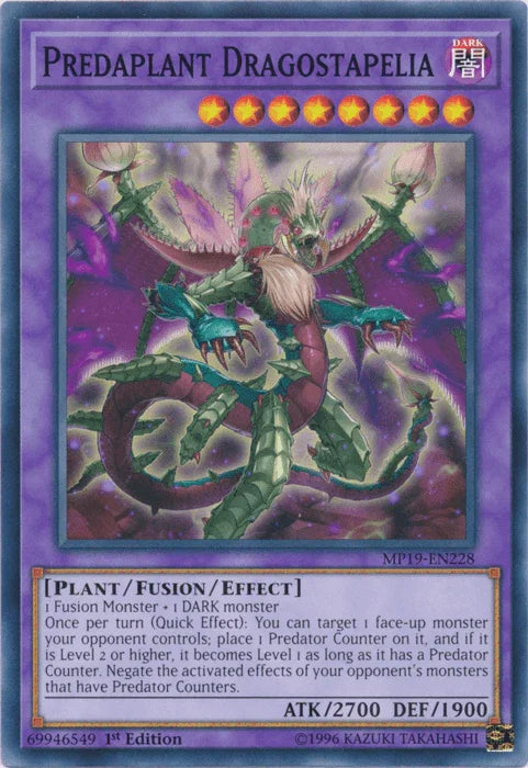 1st Edition, 2019 Gold Sarcophagus Tin Mega Pack, Common, Dark, Fusion/Effect Monster, Plant, Unlimited Predaplant Dragostapelia [MP19-EN228] Common - Trading Card World