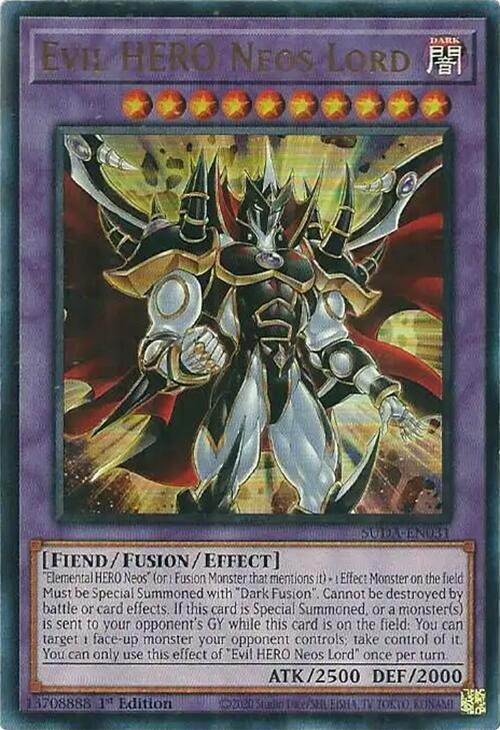 1st Edition, Dark, Fiend, Fusion/Effect Monster, Supreme Darkness, Ultra Rare Evil HERO Neos Lord [SUDA-EN031] Ultra Rare - Trading Card World