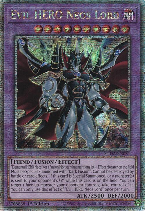 1st Edition, Dark, Fiend, Fusion/Effect Monster, Quarter Century Secret Rare, Supreme Darkness Evil HERO Neos Lord (Quarter Century Secret Rare) [SUDA-EN031] Quarter Century Secret Rare - Trading Card World