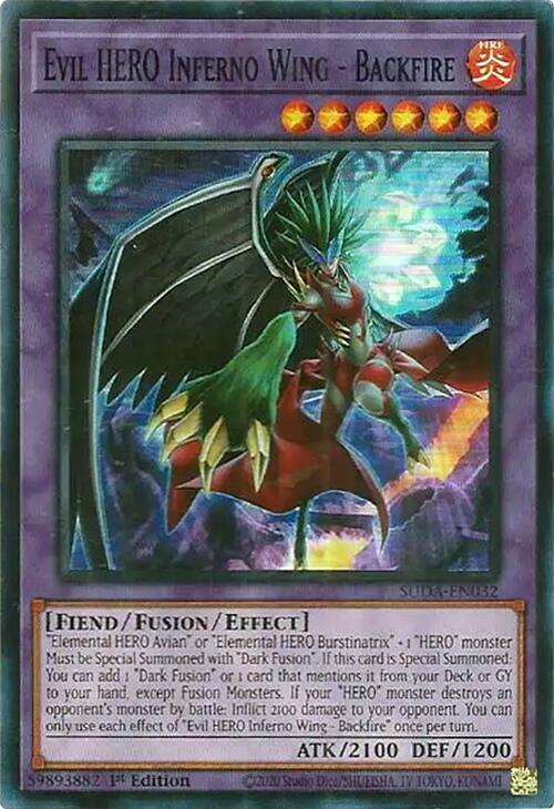 1st Edition, Fiend, Fire, Fusion/Effect Monster, Super Rare, Supreme Darkness Evil HERO Inferno Wing - Backfire [SUDA-EN032] Super Rare - Trading Card World