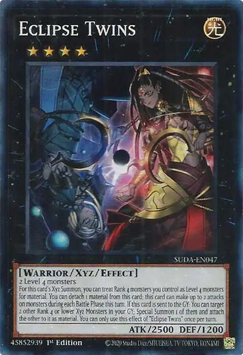 1st Edition, Light, Super Rare, Supreme Darkness, Warrior, Xyz/Effect Monster Eclipse Twins [SUDA-EN047] Super Rare - Trading Card World
