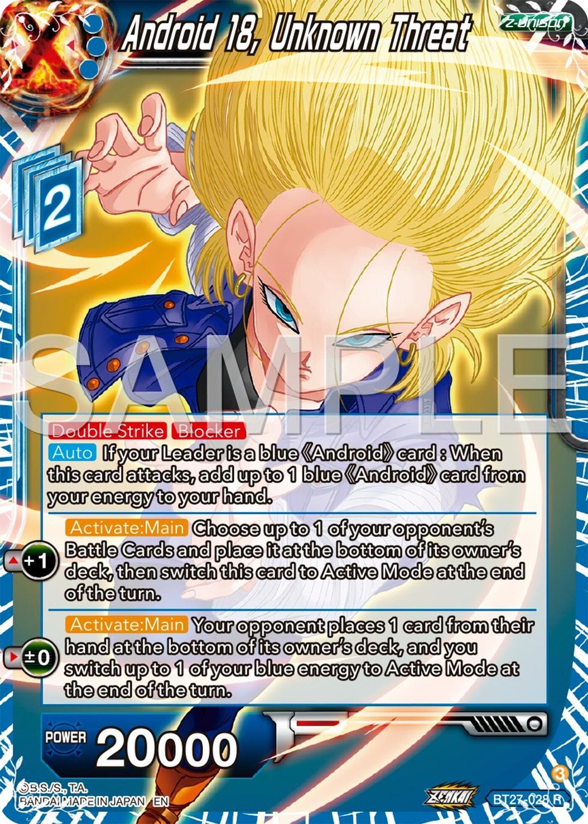 Blue, BT27-028, History of Z, Normal, Parallel Foil, Rare, Z-Unison Android 18, Unknown Threat (BT27-028) [History of Z] - Trading Card World