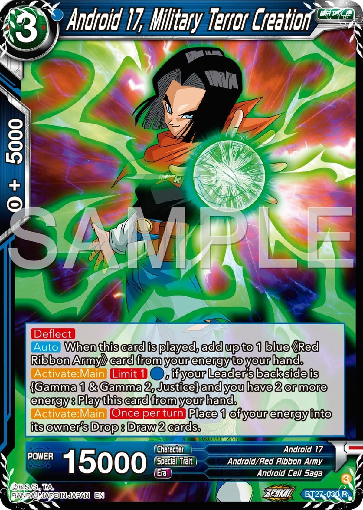 Android 17, Android Cell Saga, Android/Red Ribbon Army, Battle, Blue, BT27-030, History of Z, Normal, Parallel Foil, Rare Android 17, Military Terror Creation (BT27-030) [History of Z] - Trading Card World