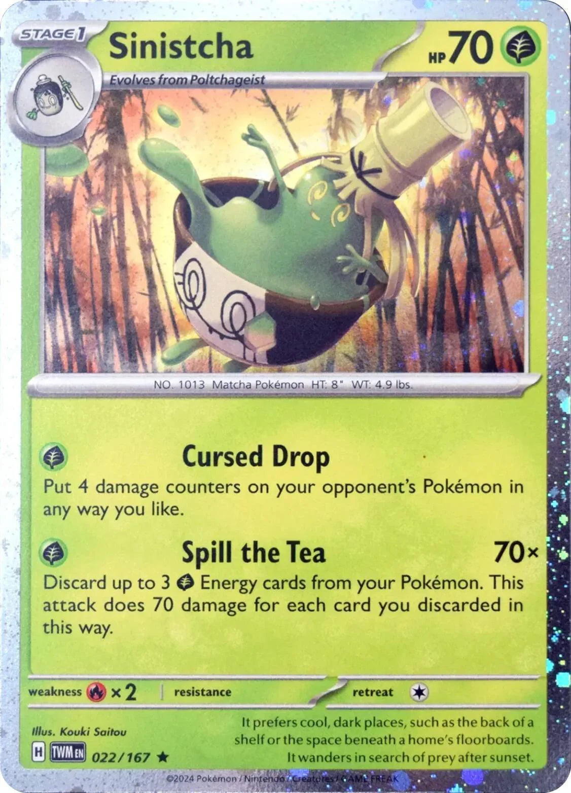 022, Fire [x2], Grass, Holofoil, Rare, Scarlet & Violet: Twilight Masquerade Sinistcha (022/167) (Cosmos Holo) [Scarlet & Violet: Twilight Masquerade] - Trading Card World