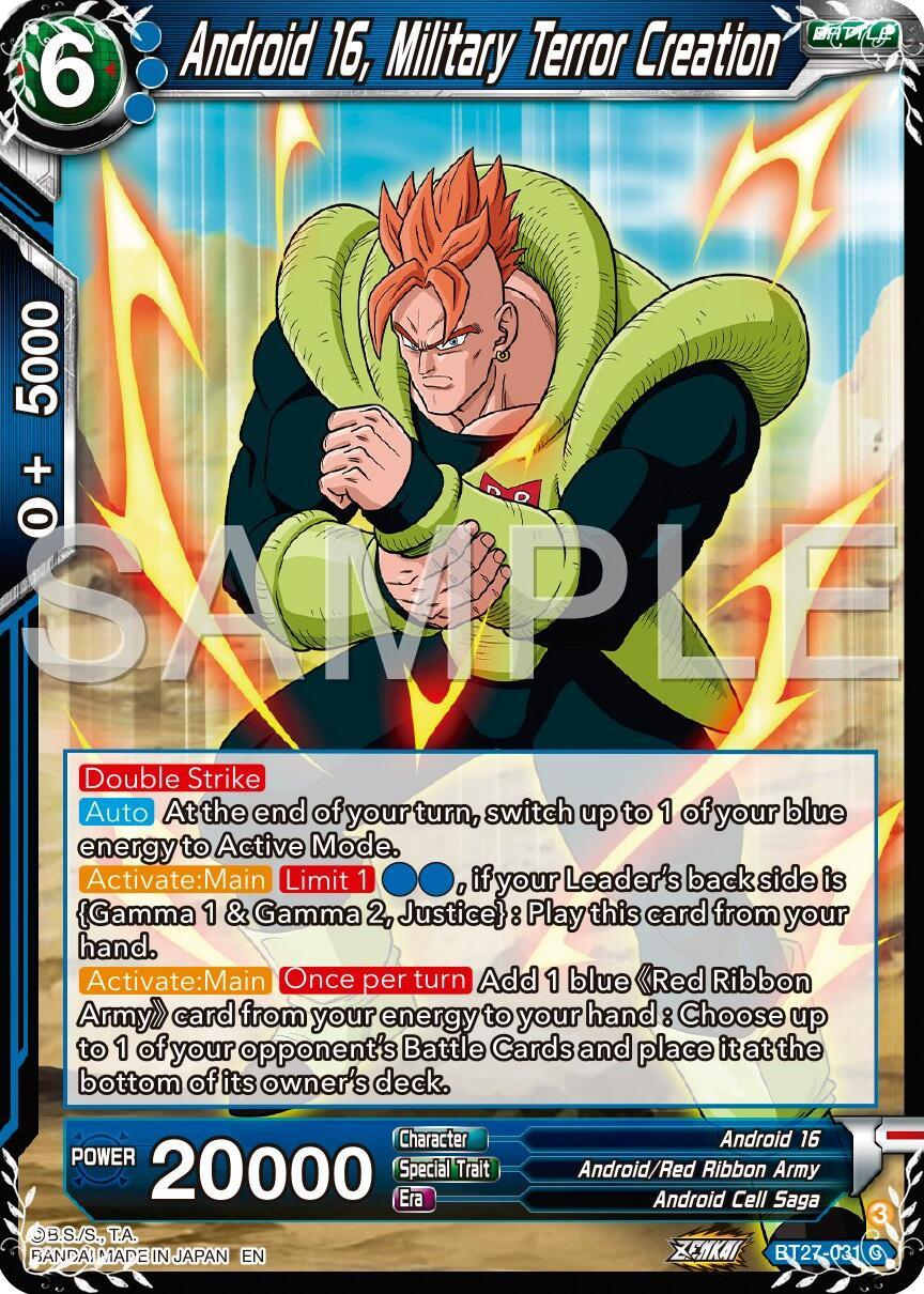 Android 16, Android Cell Saga, Android/Red Ribbon Army, Battle, Blue, BT27-031, Common, History of Z, Normal, Parallel Foil Android 16, Military Terror Creation (BT27-031) [History of Z] - Trading Card World