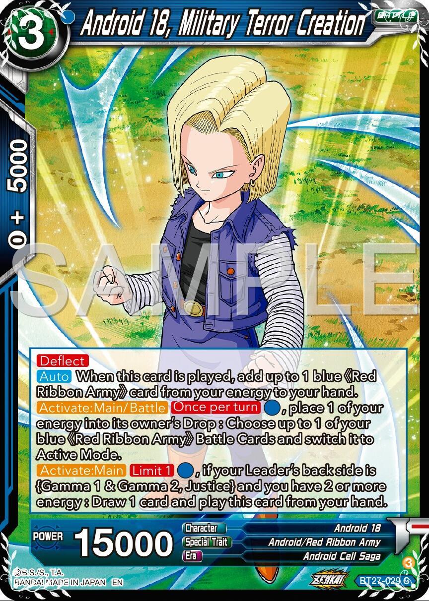 Android 18, Android Cell Saga, Android/Red Ribbon Army, Battle, Blue, BT27-029, Common, History of Z, Normal, Parallel Foil Android 18, Military Terror Creation (BT27-029) [History of Z] - Trading Card World