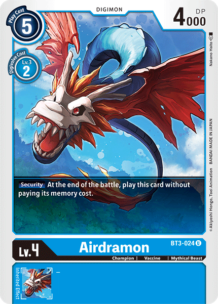 Blue, BT3-024, Champion, Digimon, Mythical Beast, Release Special Booster Ver.1.5, Uncommon, Vaccine Airdramon [BT3-024] [Release Special Booster Ver.1.5] - Trading Card World