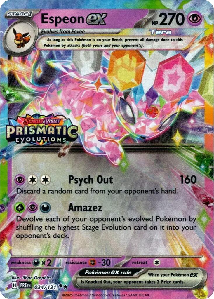 034, Darkness [x2], Fighting [-30], Holofoil, Promo, Psychic, Scarlet & Violet: Prismatic Evolutions Espeon ex (034/131) (Prismatic Evolutions Stamp) [Scarlet & Violet: Prismatic Evolutions] - Trading Card World