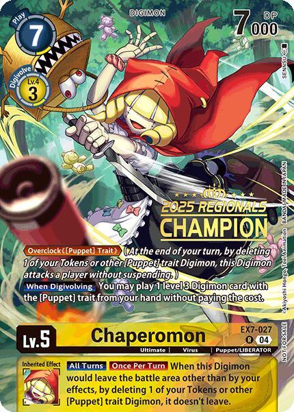 Digimon, Digimon LIBERATOR Promos, EX7-027, Puppet/LIBERATOR, Rare, Ultimate, Virus, Yellow Chaperomon [EX7-027] (2025 Regionals Champion) [Digimon LIBERATOR Promos] - Trading Card World