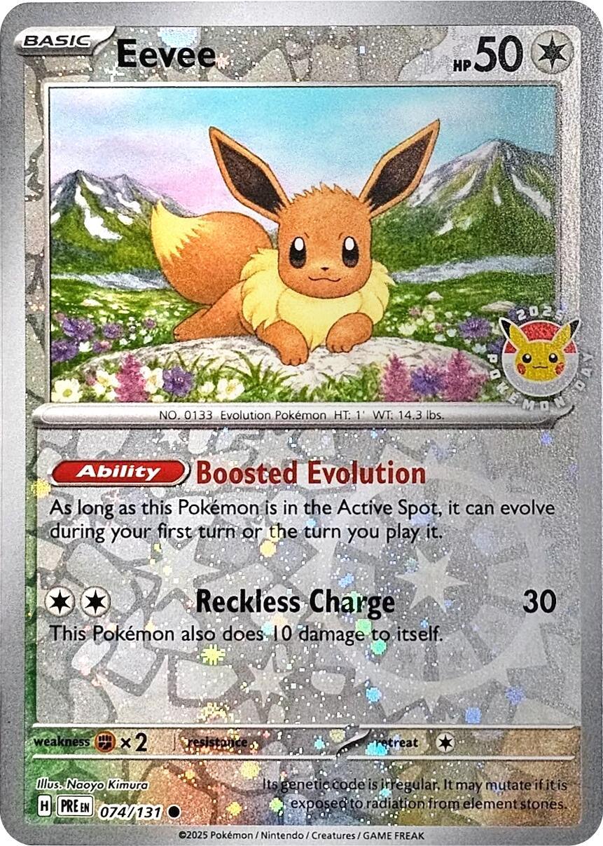 074, Scarlet & Violet: Prismatic Evolutions Eevee (074/131) (Pokemon Day 2025) (Reverse Cosmos Holo) [Scarlet & Violet: Prismatic Evolutions] - Trading Card World
