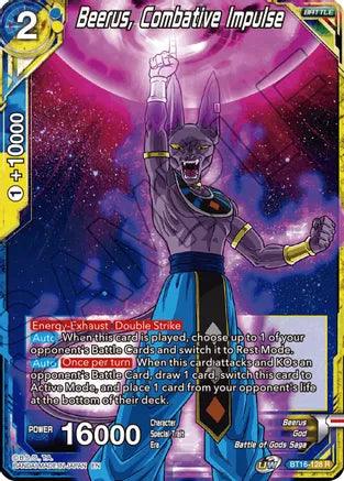Battle, Battle of Gods Saga, Beerus, Blue/Yellow, BT16-128, God, Normal, Parallel Foil, Rare, Realm of the Gods Beerus, Combative Impulse (BT16-128) [Realm of the Gods] - Trading Card World