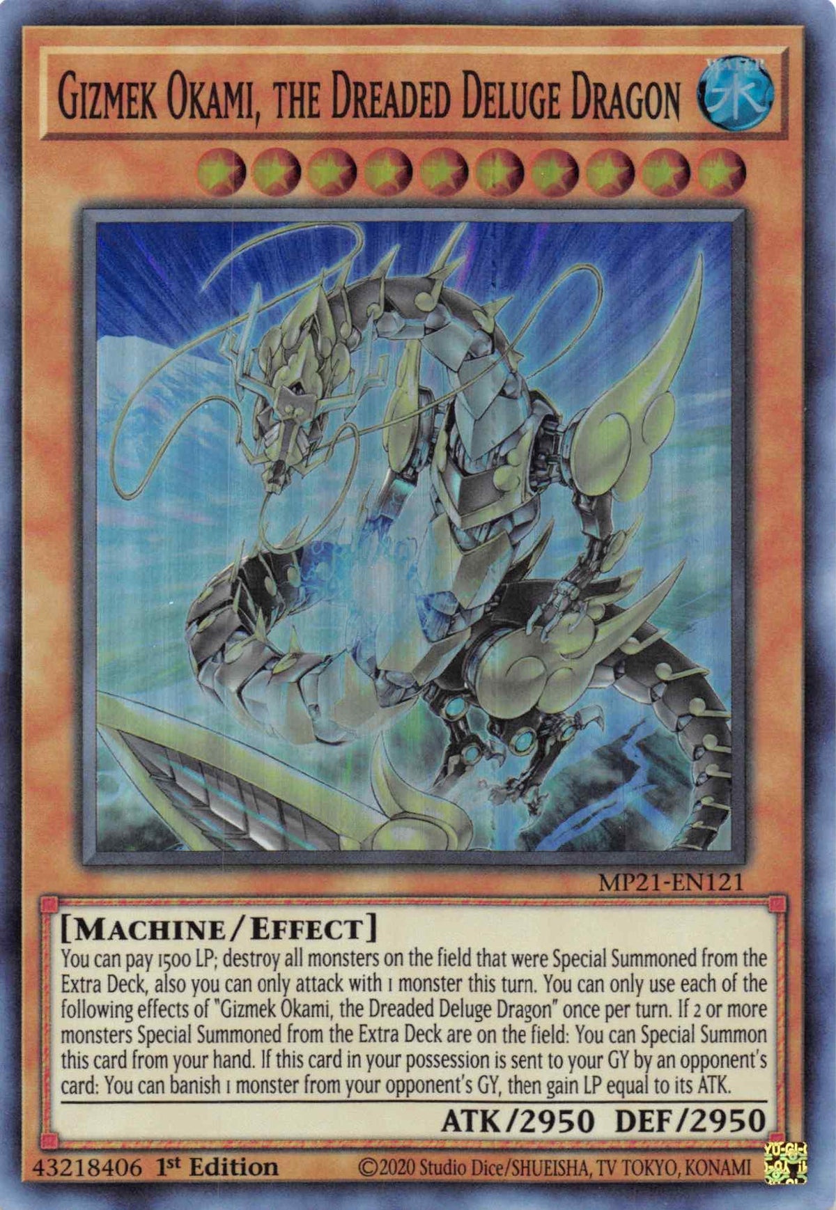 1st Edition, 2021 Tin of Ancient Battles, Effect Monster, Machine, Super Rare, Water Gizmek Okami, the Dreaded Deluge Dragon [MP21-EN121] Super Rare - Trading Card World
