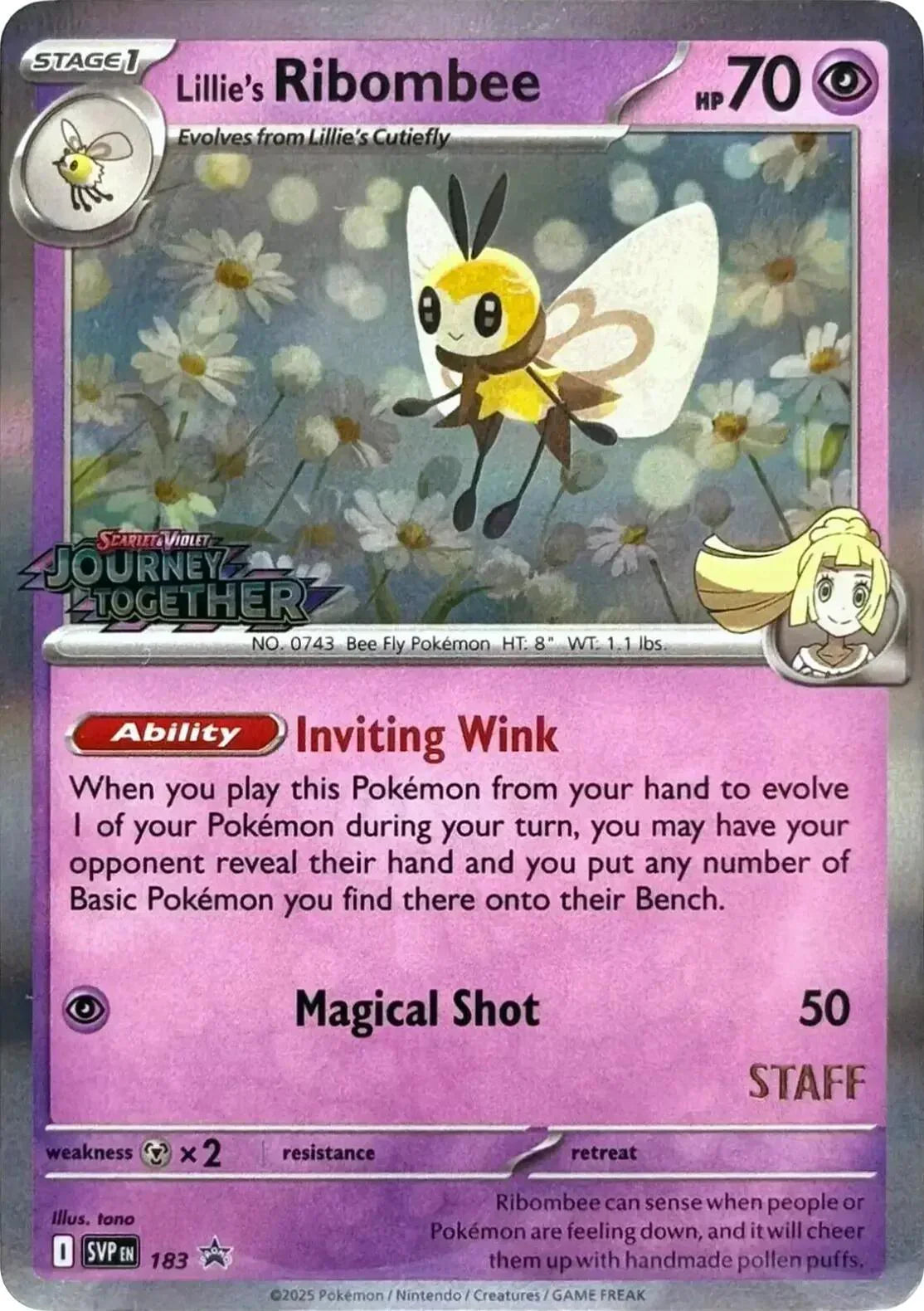 183, Holofoil, Metal [x2], Promo, Psychic, Scarlet & Violet: Black Star Promos Lillie's Ribombee (183) (Prerelease Staff) [Scarlet & Violet: Black Star Promos] - Trading Card World