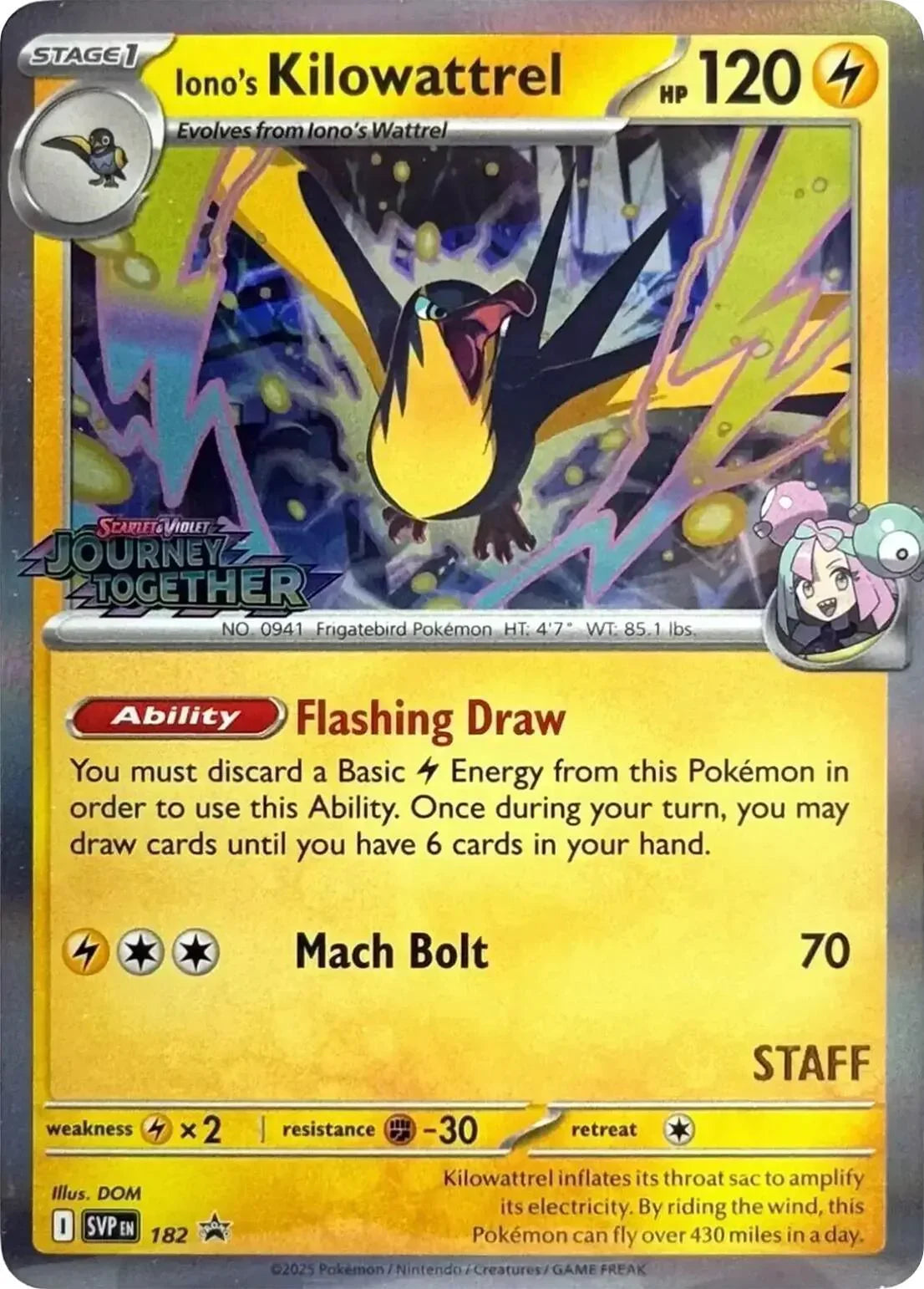 182, Fighting [-30], Holofoil, Lightning, Lightning [x2], Promo, Scarlet & Violet: Black Star Promos Iono's Kilowattrel (182) (Prerelease Staff) [Scarlet & Violet: Black Star Promos] - Trading Card World