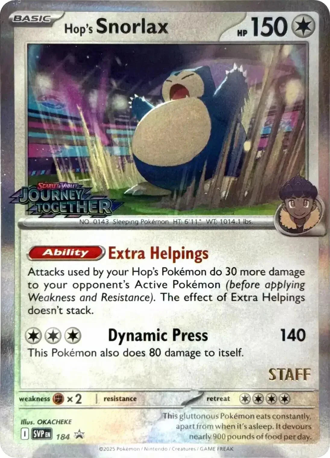 184, Colorless, Fightning [x2], Holofoil, Promo, Scarlet & Violet: Black Star Promos Hop's Snorlax (184) (Prerelease Staff) [Scarlet & Violet: Black Star Promos] - Trading Card World