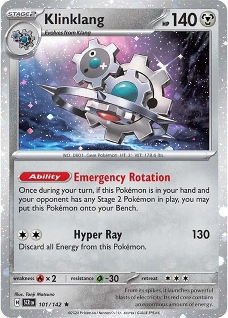 101, Fire [x2], Grass [-30], Holofoil, Metal, Rare, Scarlet & Violet: Stellar Crown Klinklang (101/142) (Cosmos Holo) [Scarlet & Violet: Stellar Crown] - Trading Card World