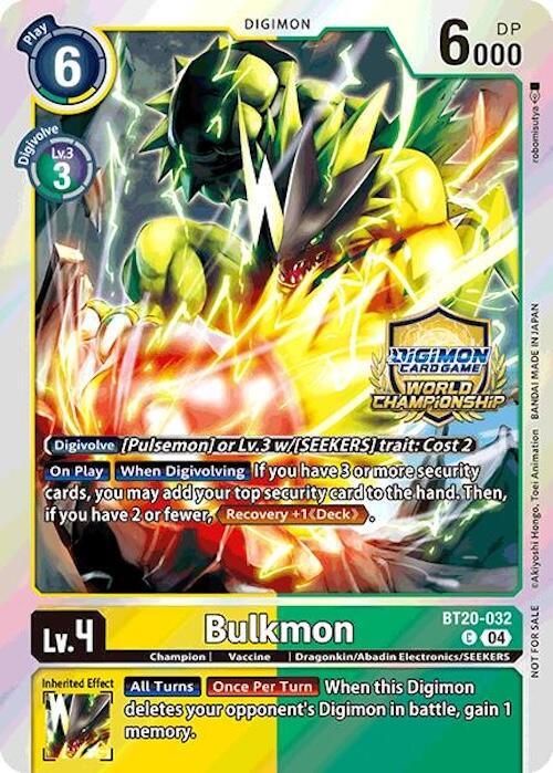 BT20-032, Champion, Common, Digimon, Dragonkin/Abadin Electronics/SEEKERS, Green;Yellow, Release Special Booster Ver.2.5 Promos, Vaccine Bulkmon [BT20-032] (Regionals 25-26 Champion Card Set Season 1) [Release Special Booster Ver.2.5 Promos] - Trading Card World