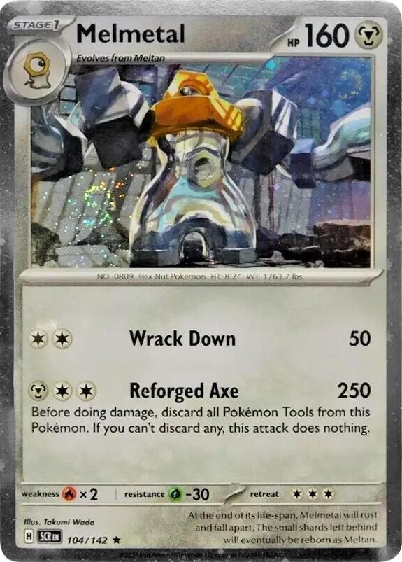 104, Fire [x2], Grass [-30], Holofoil, Metal, Promo, Scarlet & Violet: Stellar Crown Melmetal (104/142) (Cosmos Holo) [Scarlet & Violet: Stellar Crown] - Trading Card World
