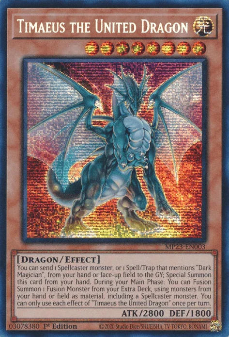 1st Edition, Dragon, Dueling Heroes Collectors Tin - Mega Pack (25th Anniversary Edition), Effect Monster, Light, Prismatic Secret Rare Timaeus the United Dragon [MP23-EN003] Prismatic Secret Rare - Trading Card World