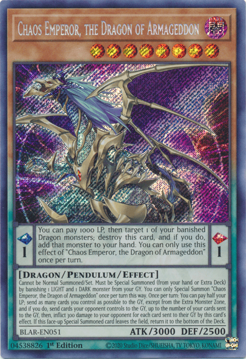 1st Edition, Battles of Legend: Armageddon, Dark, Dragon, Pendulum/Effect Monster, Secret Rare Chaos Emperor, the Dragon of Armageddon [BLAR-EN051] Secret Rare - Trading Card World