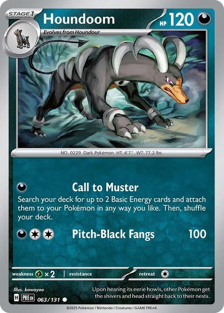 063, Common, Darkness, Grass [x2], Normal, Reverse Holofoil, Scarlet & Violet: Prismatic Evolutions Houndoom (063/131) [Scarlet & Violet: Prismatic Evolutions] - Trading Card World