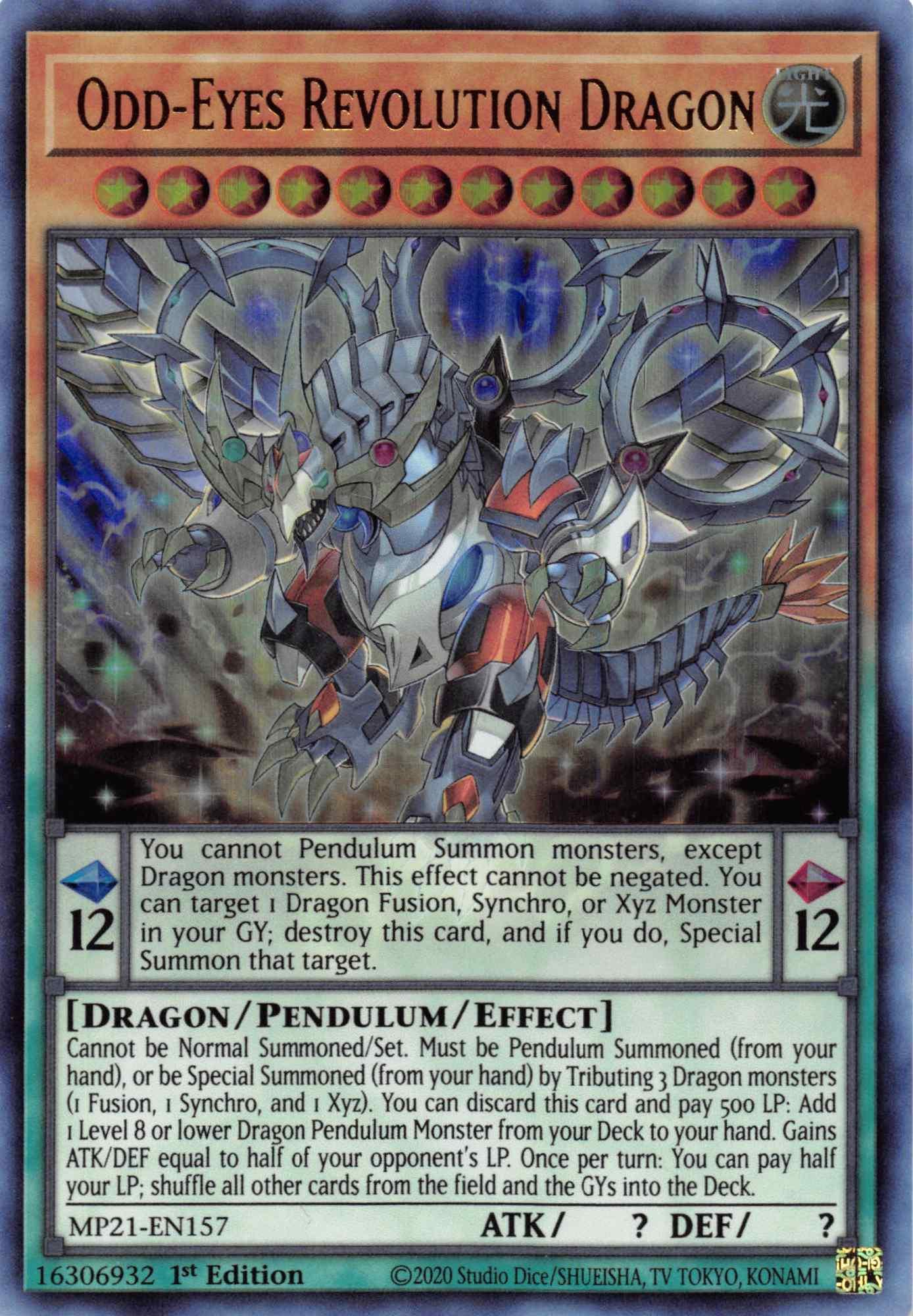 1st Edition, 2021 Tin of Ancient Battles, Dragon, Light, Pendulum/Effect Monster, Ultra Rare Odd-Eyes Revolution Dragon [MP21-EN157] Ultra Rare - Trading Card World