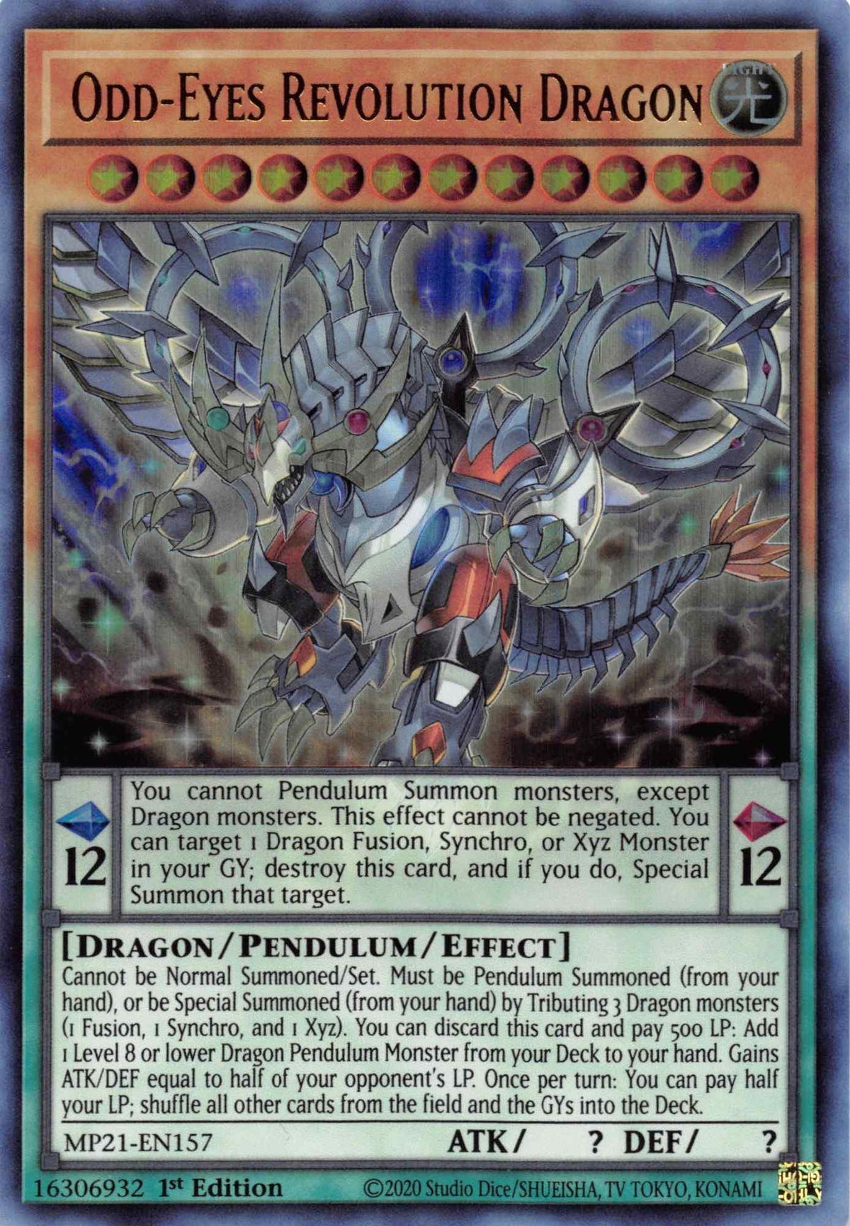 1st Edition, 2021 Tin of Ancient Battles, Dragon, Light, Pendulum/Effect Monster, Ultra Rare Odd-Eyes Revolution Dragon [MP21-EN157] Ultra Rare - Trading Card World