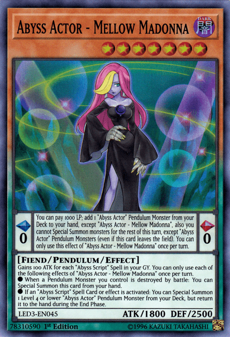 1st Edition, Dark, Fiend, Legendary Duelists: White Dragon Abyss, Pendulum/Effect Monster, Super Rare Abyss Actor - Mellow Madonna [LED3-EN045] Super Rare - Trading Card World