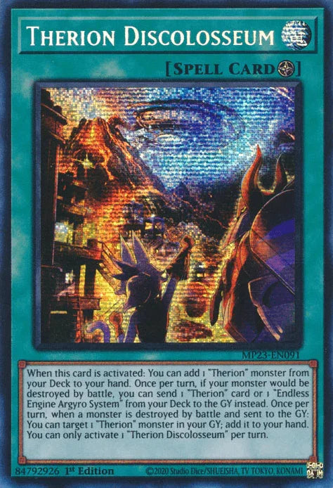 1st Edition, Dueling Heroes Collectors Tin - Mega Pack (25th Anniversary Edition), Field Spell, Prismatic Secret Rare, Spell Therion Discolosseum [MP23-EN091] Prismatic Secret Rare - Trading Card World